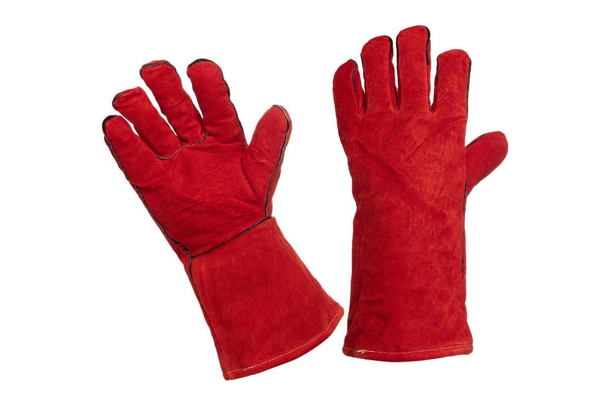 КРАГИ сварщика пятипалые спилок с подкладoм цв. красный